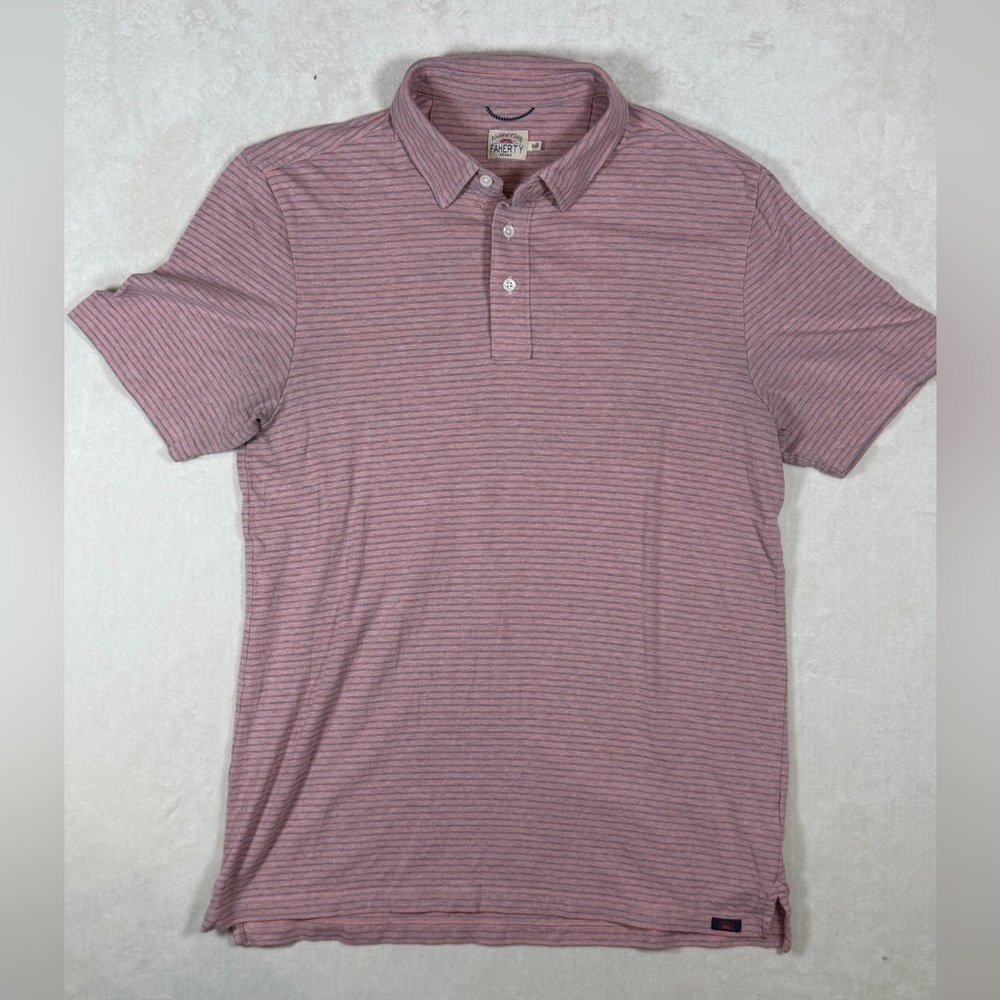 Faherty Size Medium Soft Organic Cotton Pink Striped Polo Shirt